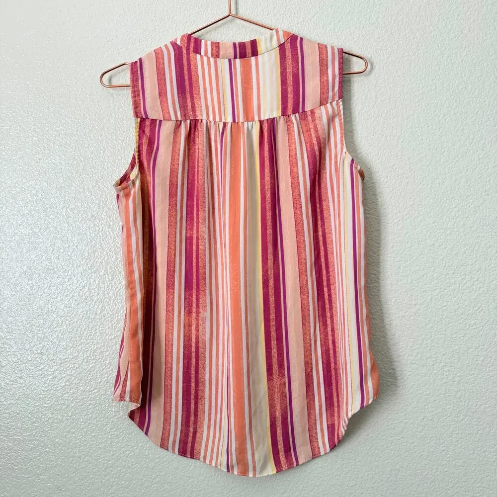 Vince Camuto vertical stripe split neck blouse top sleeveless pink yellow white